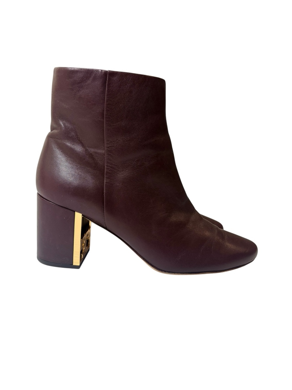 Tory Burch Burgundy Leather Block Heel Ankle Booties Gold Logo Heel Size 10.5M